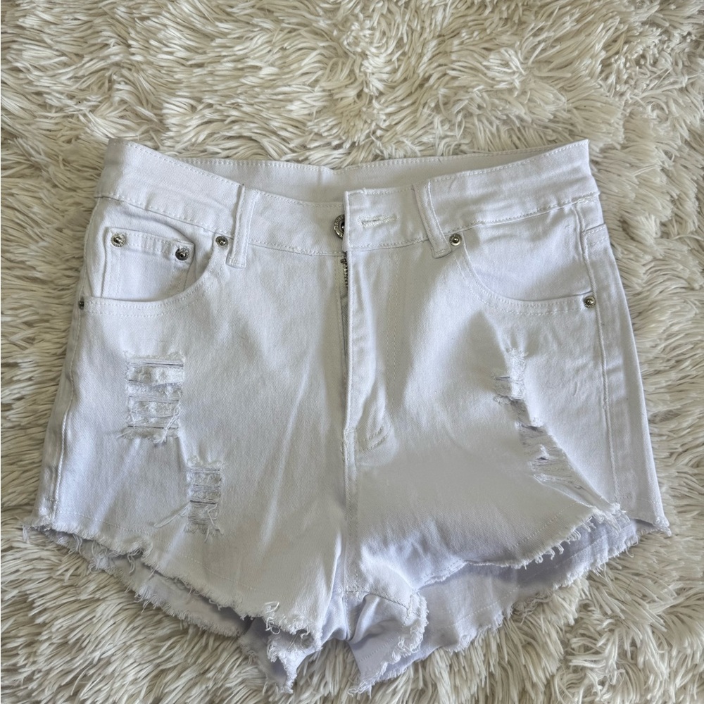 SHEIN White Jean Shorts with Distressed Details